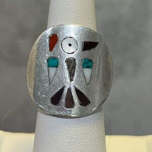 VTG Zuni Thunderbird Inlaid Turquoise Coral,Mop,Onyx Sterling Ring Signed MASSIE